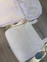 Load image into Gallery viewer, “Beverley” embroidered white/cream car seat set &amp; bag