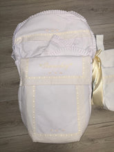 Load image into Gallery viewer, “Beverley” embroidered white/cream car seat set &amp; bag
